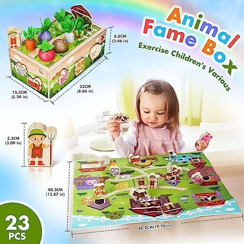 Child playing with animal farm box toy set including wooden figures and playmat.